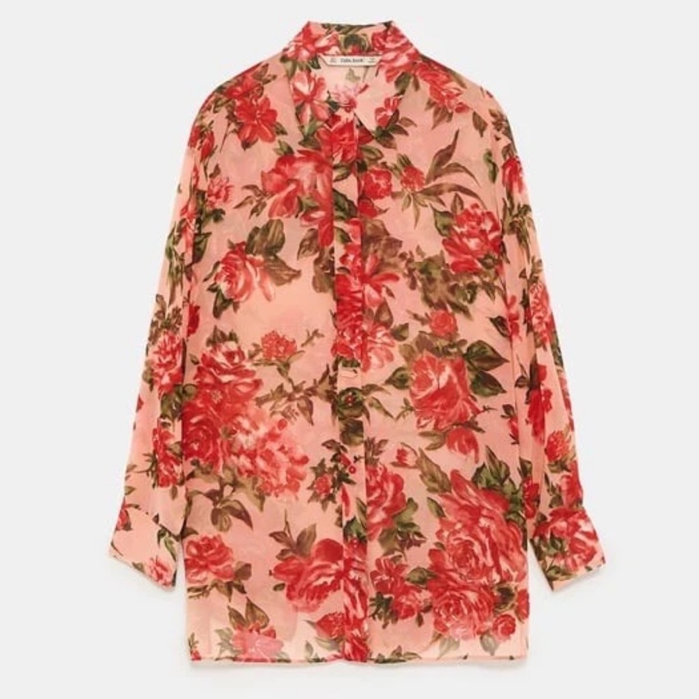 Zara SS19 Woman Printed Floral Top Sheer Blouse in Pink Floral 7828/110